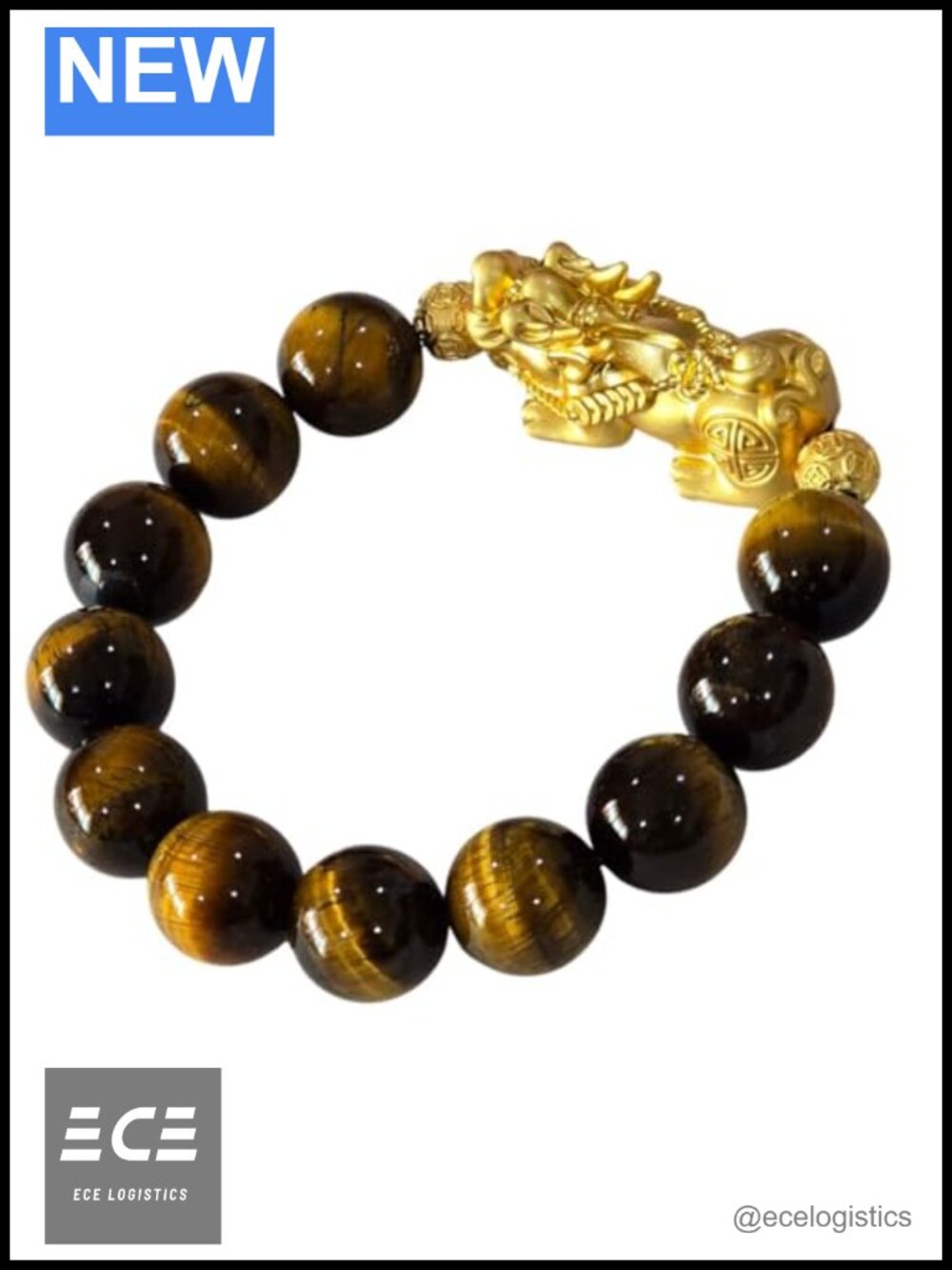 Men's Gemstone Beaded Bracelet Gold Dragon Charm Stretch Prosperity Gift